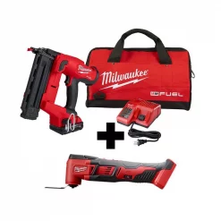 Nail Guns Milwaukee M18 FUEL GEN II 18-Volt 18-Gauge Lithium-Ion Brushless Cordless Brad Nailer Kit With M18 Oscillating Multi-Tool