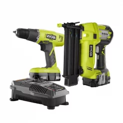 Nail Guns RYOBI 18-Volt ONE+ Lithium-Ion Cordless 2-Tool Combo Kit With Drill/Driver, Brad Nailer, (2) 1.3 Ah Batteries, And Charger