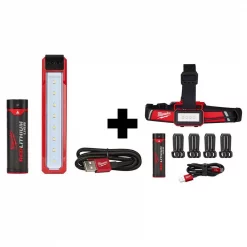 Handheld Spotlights Milwaukee 445 Lumens LED Rover Rechargeable Pocket Flood Light And 600 Lumens LED USB Low-Profile Hard Hat Headlamp (2-Pack)