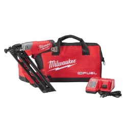 Nail Guns Milwaukee M18 FUEL 18-Volt Lithium-Ion Brushless Cordless 15-Gauge Angled Finish Nailer Kit W/ (1) 2.0Ah Battery, Charger & Bag