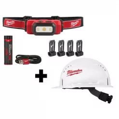 Headlamps Milwaukee 475 Lumens LED Rechargeable Hard Hat Headlamp W/BOLT White Type 1 Class C Front Brim Vented Hard Hat