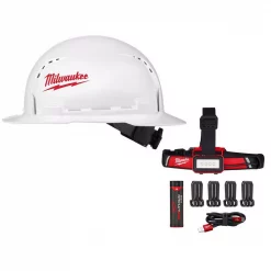 Headlamps Milwaukee 600 Lumens LED USB Rechargeable Low-Profile Hard Hat Headlamp With BOLT White Type 1 Class C Full Brim Vented Hard Hat