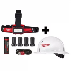 Headlamps Milwaukee 600 Lumens LED USB Rechargeable Low-Profile Hard Hat Headlamp W/BOLT White Type 1 Class C Full Brim Vented Hard Hat