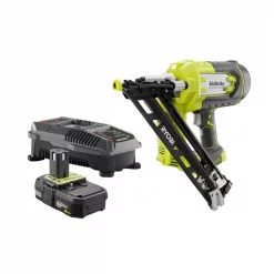 Nail Guns RYOBI 18-Volt ONE+ Lithium-Ion Cordless AirStrike 15-Gauge Angled Nailer Kit With ONE+ Lithium-Ion 2.0 Ah Battery And Charger