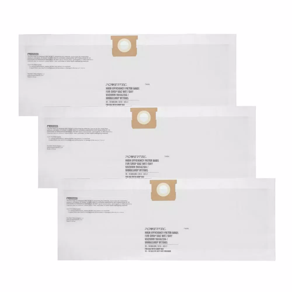 Wet & Dry Vacuum Accessories POWERTEC 10 Gal. – 14 Gal. High Efficiency Filter Bags (3-Pack) 1 Wet & Dry Vacuum Accessories POWERTEC 10 Gal. – 14 Gal. High Efficiency Filter Bags (3-Pack)