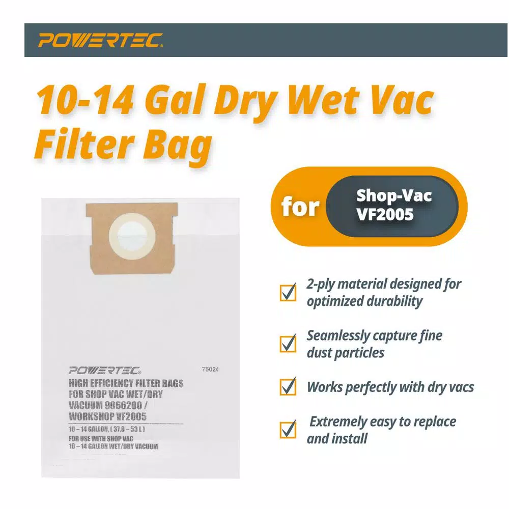 Wet & Dry Vacuum Accessories POWERTEC 10 Gal. – 14 Gal. High Efficiency Filter Bags (3-Pack) 2 Wet & Dry Vacuum Accessories POWERTEC 10 Gal. – 14 Gal. High Efficiency Filter Bags (3-Pack) - Image 2