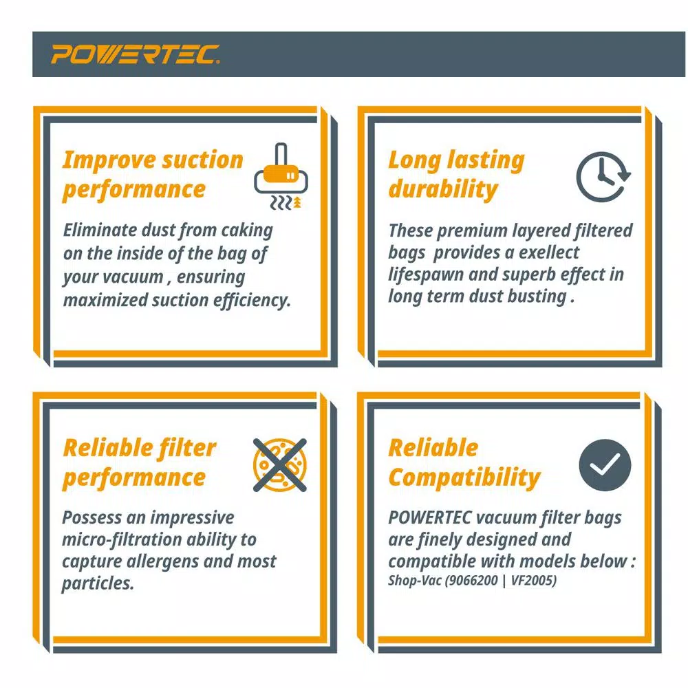 Wet & Dry Vacuum Accessories POWERTEC 10 Gal. – 14 Gal. High Efficiency Filter Bags (3-Pack) 3 Wet & Dry Vacuum Accessories POWERTEC 10 Gal. – 14 Gal. High Efficiency Filter Bags (3-Pack) - Image 3