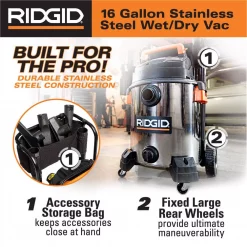 Wet & Dry Vacuums RIDGID 16 Gal. 6.5-Peak HP Stainless Steel Wet/Dry Shop Vac With Filter, 7 Ft. Hose, 10 Ft. Pro Hose And Accessories -flashlights Shop unnamed file 2506