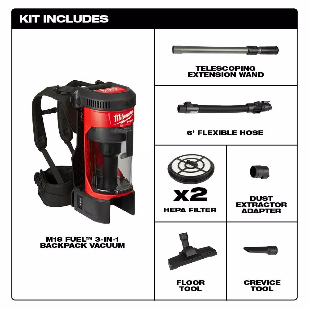Wet & Dry Vacuums Milwaukee M18 FUEL 18-Volt Lithium-Ion Brushless 1 Gal. Cordless 3-in-1 Backpack Vacuum With Extra HEPA Filter 2 Wet & Dry Vacuums Milwaukee M18 FUEL 18-Volt Lithium-Ion Brushless 1 Gal. Cordless 3-in-1 Backpack Vacuum With Extra HEPA Filter - Image 2