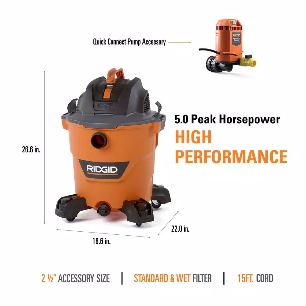 Wet & Dry Vacuums RIDGID 12 Gal. 5.0-Peak HP NXT Wet/Dry Shop Vacuum With Filter, Hose, Accessories, Pump Accessory And Wet Application Filter 4 Wet & Dry Vacuums RIDGID 12 Gal. 5.0-Peak HP NXT Wet/Dry Shop Vacuum With Filter, Hose, Accessories, Pump Accessory And Wet Application Filter - Image 4