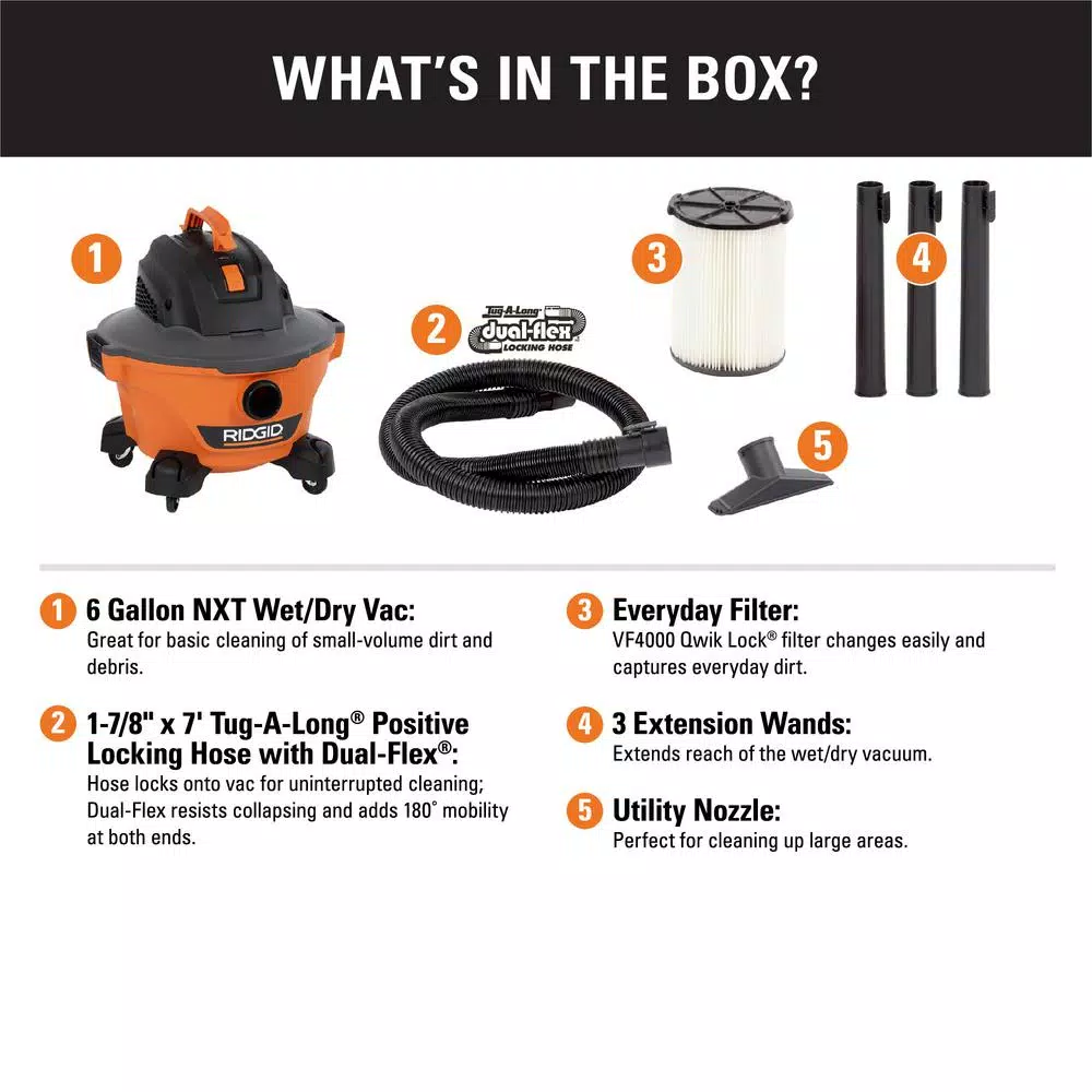 Wet & Dry Vacuums RIDGID 6 Gal. 3.5-Peak HP NXT Wet/Dry Shop Vacuum With Filter, Hose And Accessories 2 Wet & Dry Vacuums RIDGID 6 Gal. 3.5-Peak HP NXT Wet/Dry Shop Vacuum With Filter, Hose And Accessories - Image 2