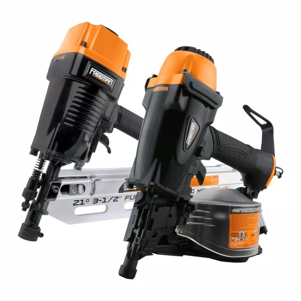 Nail Guns Freeman Pneumatic 3-1/2 In. 21-Degree Framing Nailer With Storage Case And Pneumatic 2-1/2 In. 15-Degree Coil Siding Nailer Kit 1 Nail Guns Freeman Pneumatic 3-1/2 In. 21-Degree Framing Nailer With Storage Case And Pneumatic 2-1/2 In. 15-Degree Coil Siding Nailer Kit