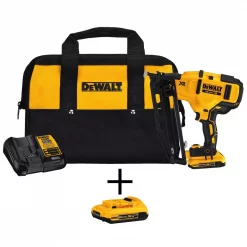 Nail Guns DEWALT 20-Volt Max 16-Gauge Cordless Angled Finish Nailer Kit With Bonus Lithium-Ion Compact Battery Pack 2.0Ah