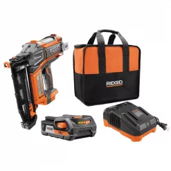 Nail Guns RIDGID 18-Volt Cordless Brushless HYPERDRIVE 16-Gauge 2-1/2 In Straight Finish Nailer, 2 Ah Battery, Charger, Belt Clip And Bag